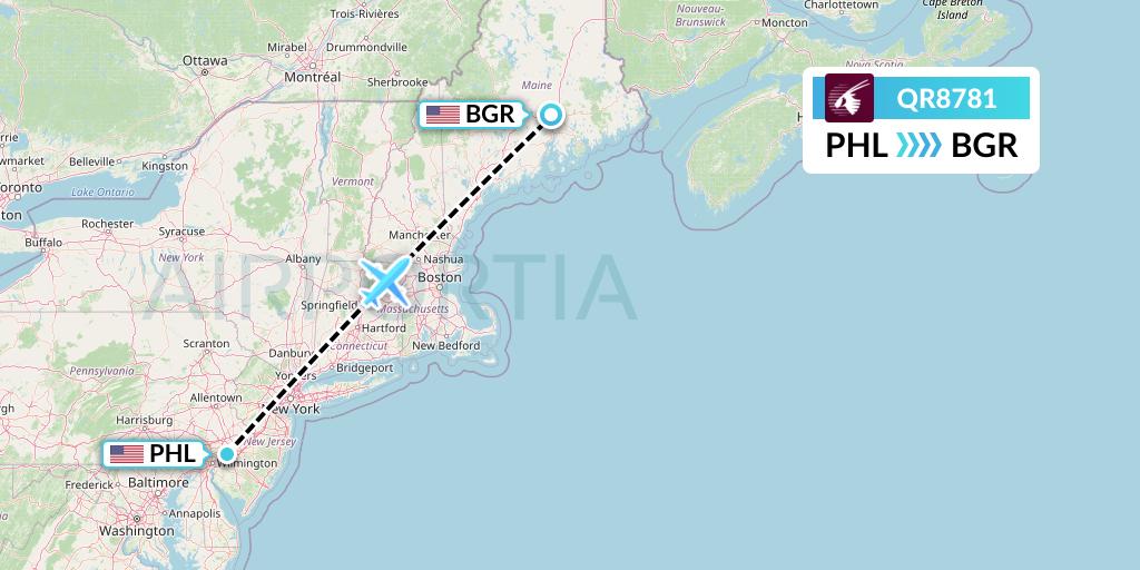 QR8781 Qatar Airways Flight Map: Philadelphia to Bangor