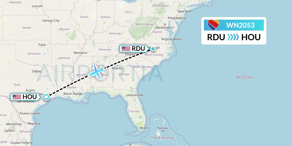 WN2053 Southwest Airlines Flight Map: Raleigh-Durham to Houston