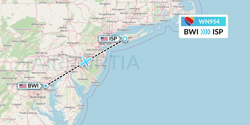 WN954 Southwest Airlines Flight Map: Baltimore to Islip