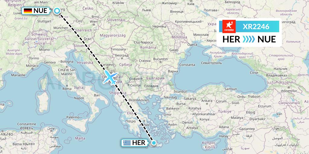XR2246 Corendon Airlines Europe Flight Map: Heraklion to Nurnberg