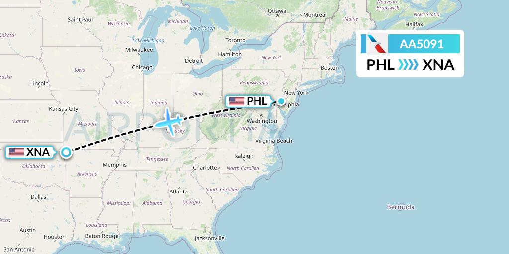 AA5091 American Airlines Flight Map: Philadelphia to Bentonville