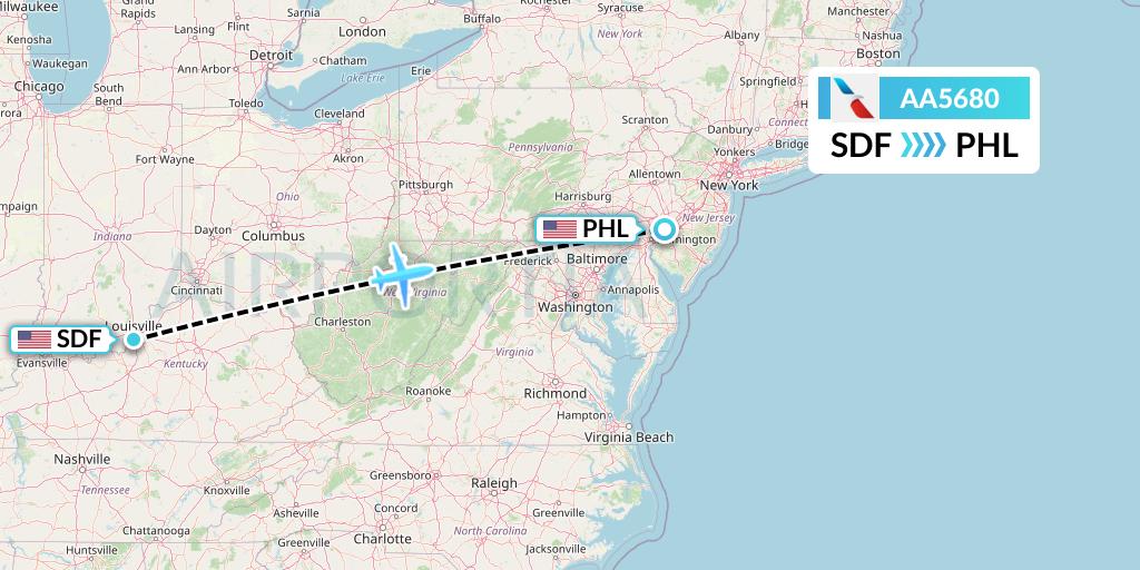 AA5680 American Airlines Flight Map: Louisville to Philadelphia