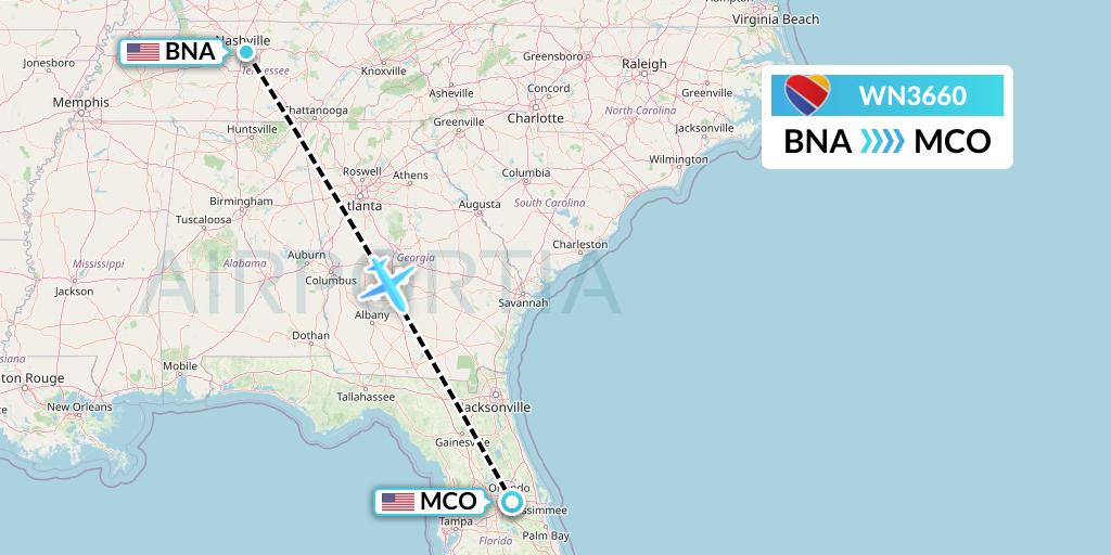 WN3660 Southwest Airlines Flight Map: Nashville to Orlando