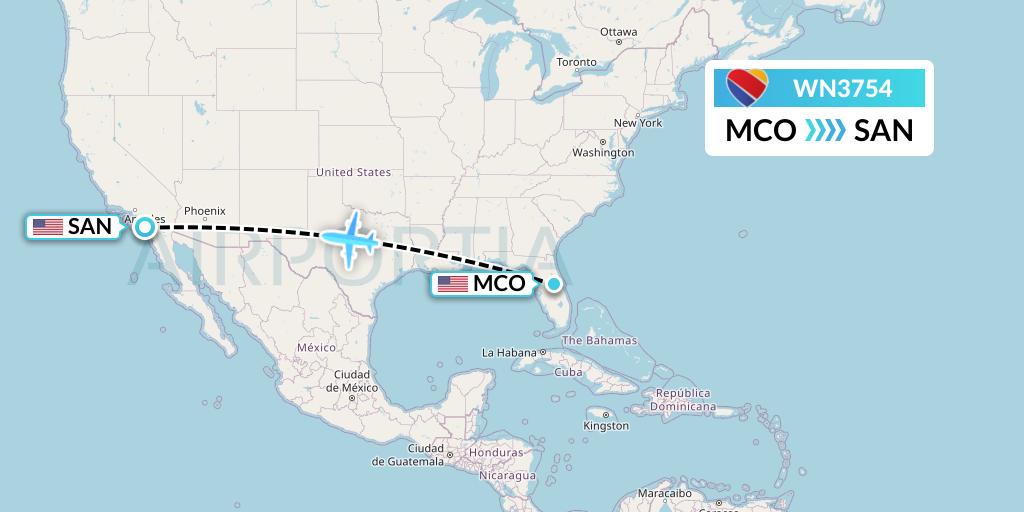 WN3754 Southwest Airlines Flight Map: Orlando to San Diego