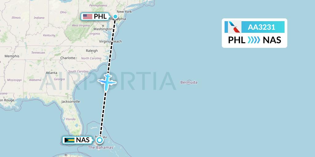 AA3231 American Airlines Flight Map: Philadelphia to Nassau