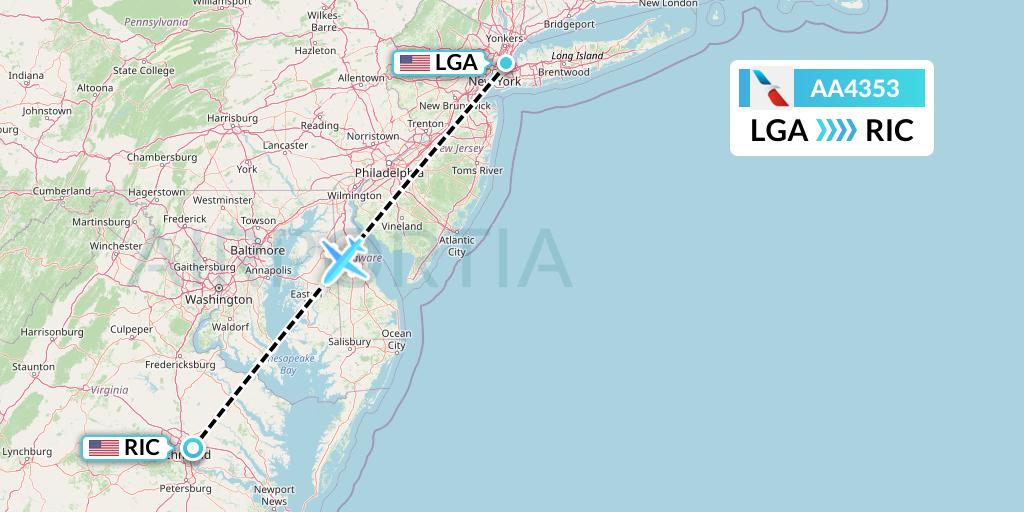 AA4353 American Airlines Flight Map: New York to Richmond