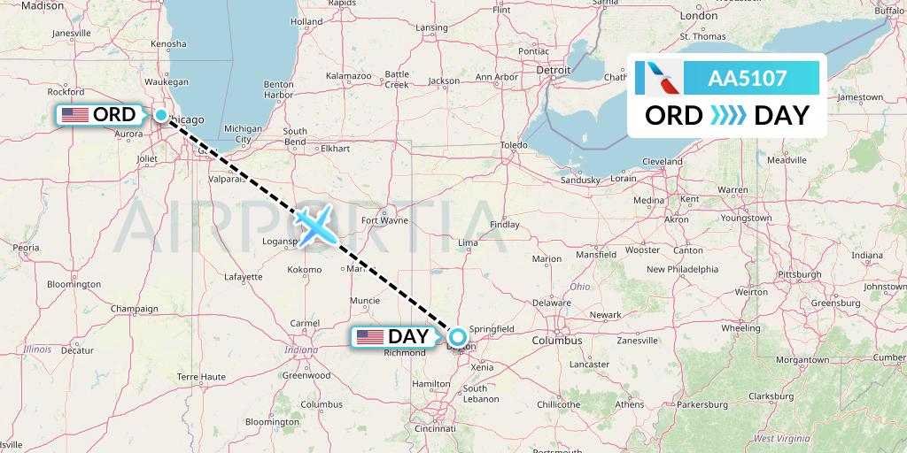 AA5107 American Airlines Flight Map: Chicago to Dayton