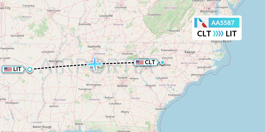 AA5587 American Airlines Flight Map: Charlotte to Little Rock