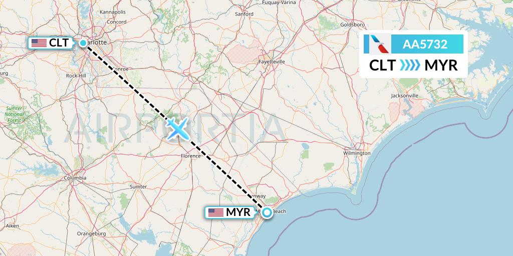 AA5732 American Airlines Flight Map: Charlotte to Myrtle Beach