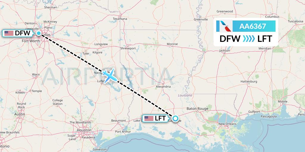 AA6367 American Airlines Flight Map: Dallas to Lafayette