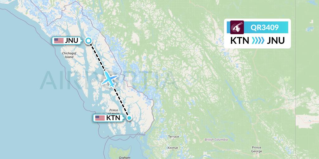 QR3409 Qatar Airways Flight Map: Ketchikan to Juneau