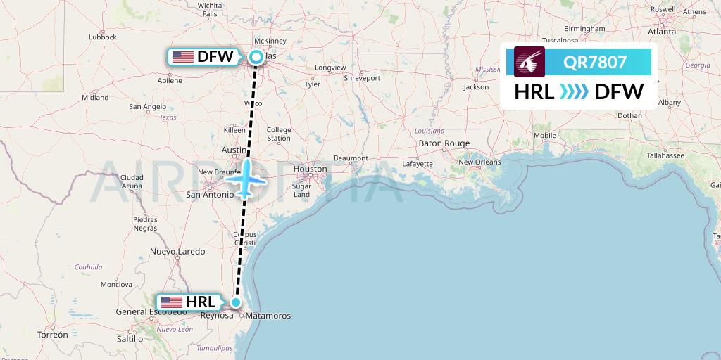 QR7807 Qatar Airways Flight Map: Harlingen to Dallas