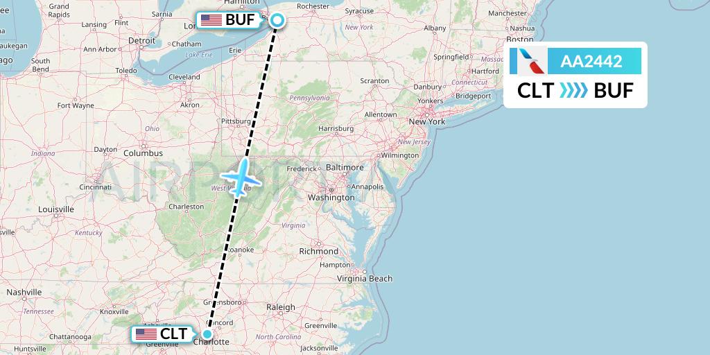 AA2442 American Airlines Flight Map: Charlotte to Buffalo