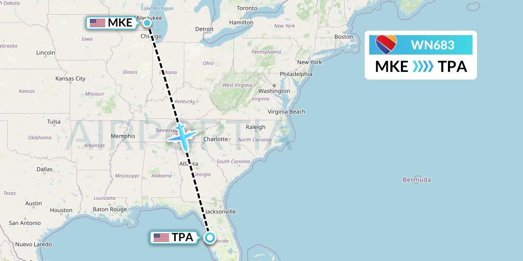 WN683 Southwest Airlines Flight Map: Milwaukee to Tampa
