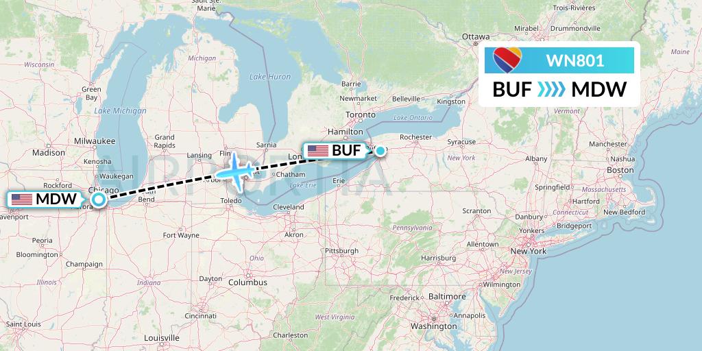 WN801 Southwest Airlines Flight Map: Buffalo to Chicago