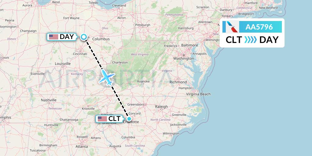 AA5796 American Airlines Flight Map: Charlotte to Dayton