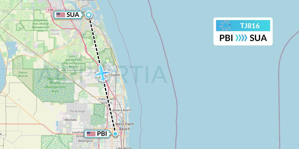 TJ816 Tradewind Aviation Flight Map: West Palm Beach to Stuart