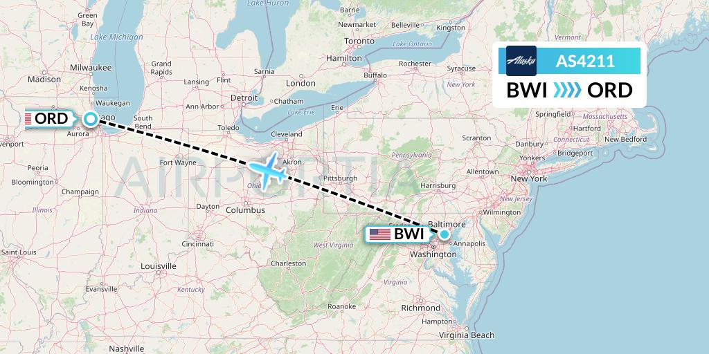 AS4211 Alaska Airlines Flight Map: Baltimore to Chicago