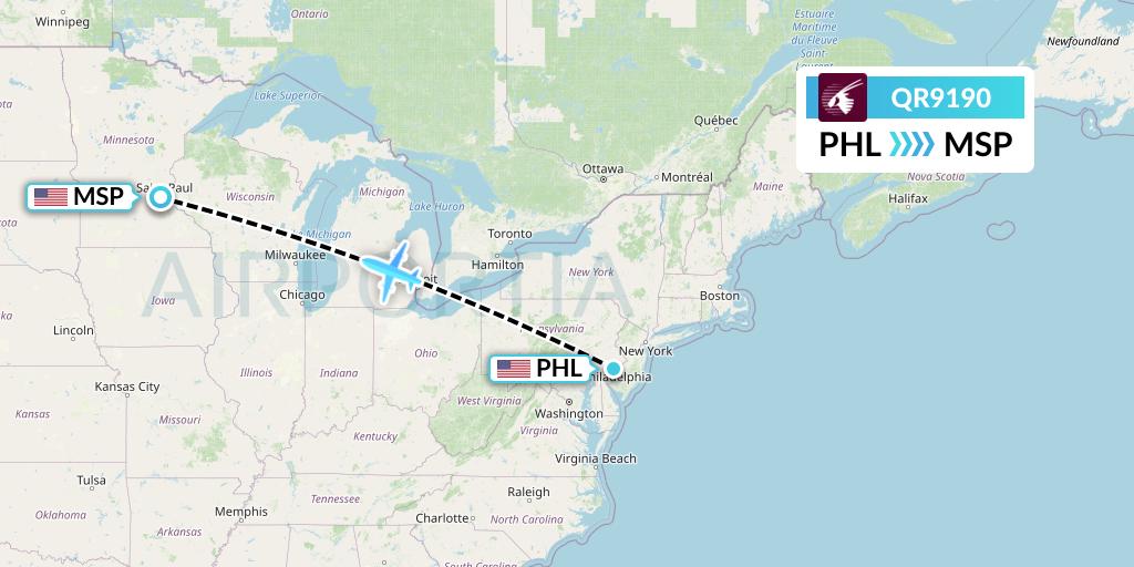 QR9190 Qatar Airways Flight Map: Philadelphia to Minneapolis