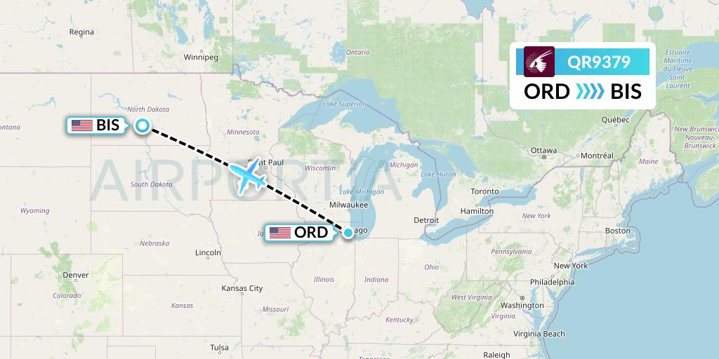 QR9379 Qatar Airways Flight Map: Chicago to Bismarck
