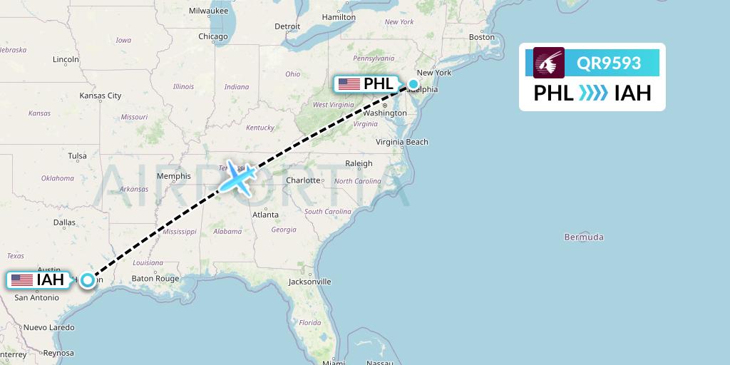 QR9593 Qatar Airways Flight Map: Philadelphia to Houston