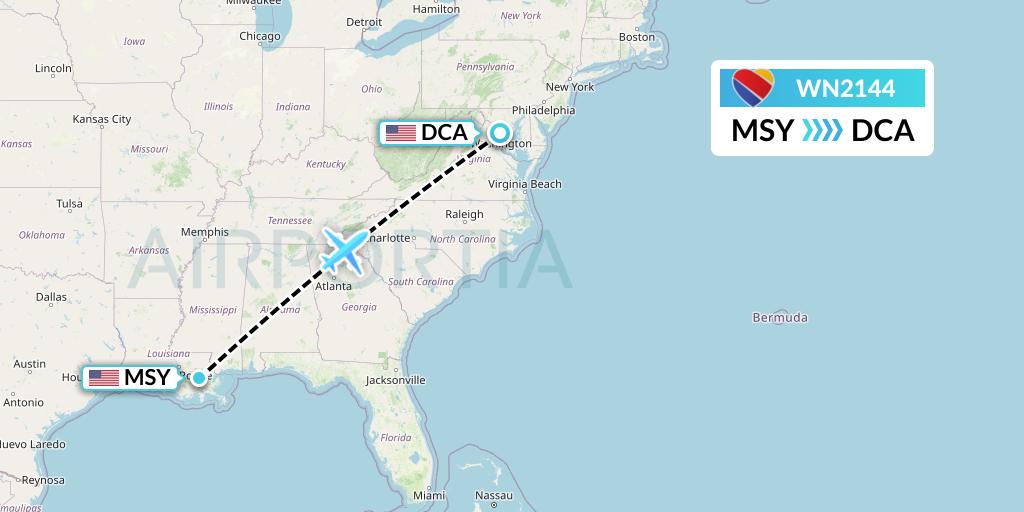 WN2144 Southwest Airlines Flight Map: New Orleans to Washington