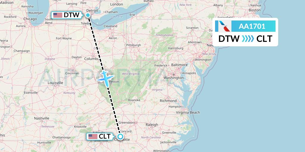 AA1701 American Airlines Flight Map: Detroit to Charlotte