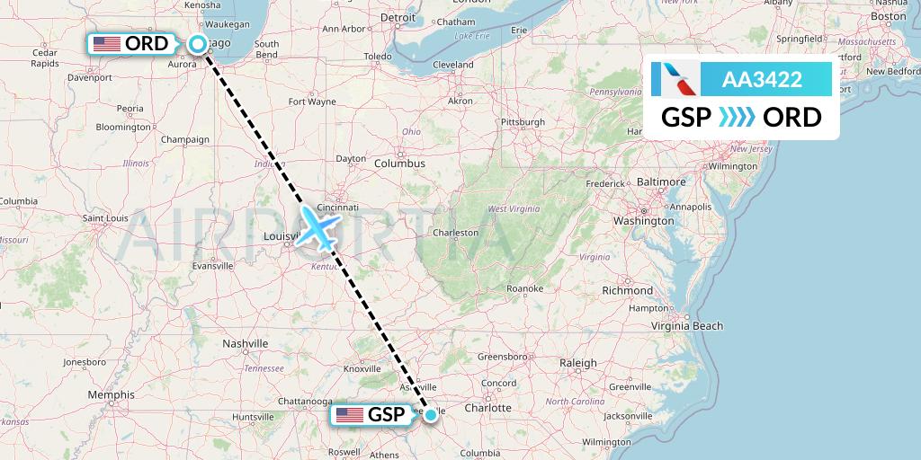 AA3422 American Airlines Flight Map: Greenville-Spartanburg to Chicago