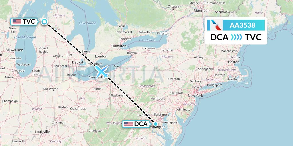 AA3538 American Airlines Flight Map: Washington to Traverse City