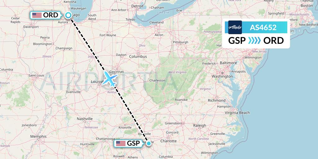 AS4652 Alaska Airlines Flight Map: Greenville-Spartanburg to Chicago