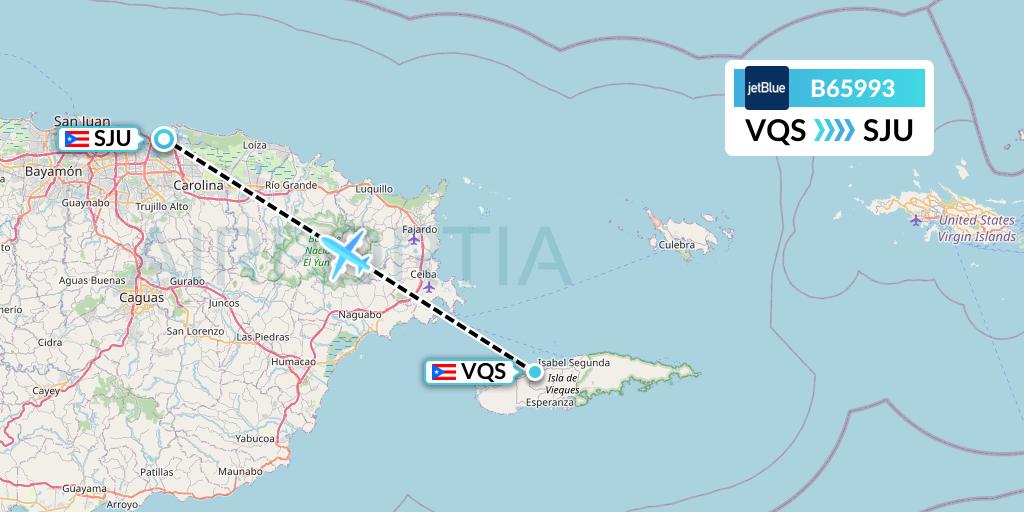 B65993 JetBlue Airways Flight Map: Vieques to San Juan