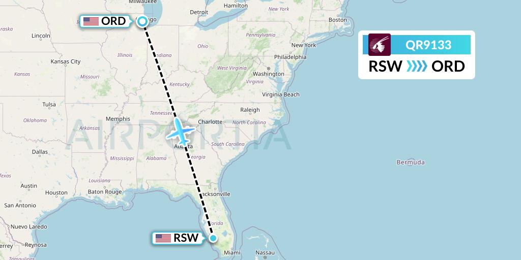QR9133 Qatar Airways Flight Map: Fort Myers to Chicago