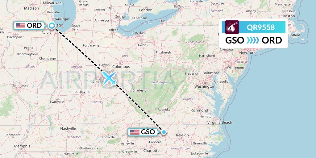 QR9558 Qatar Airways Flight Map: Greensboro to Chicago