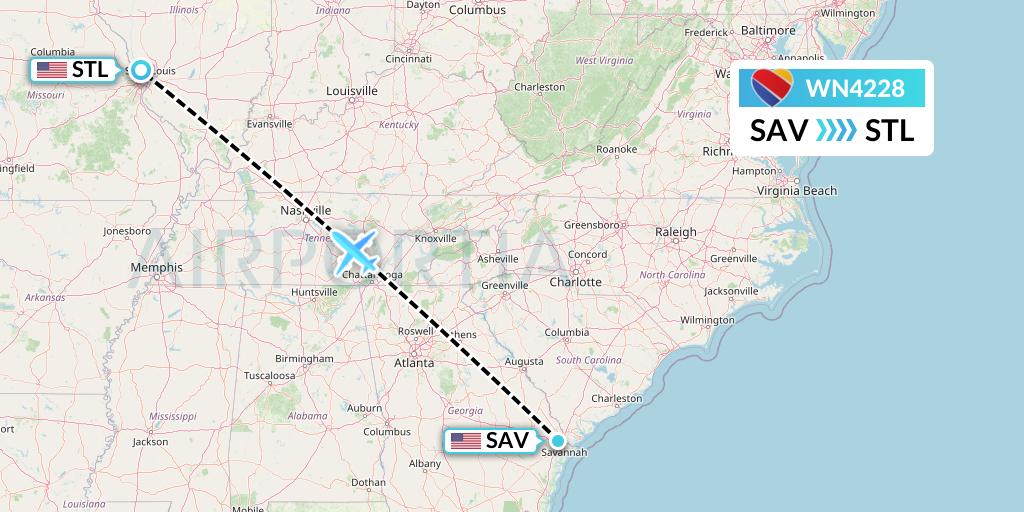 WN4228 Southwest Airlines Flight Map: Savannah to St. Louis