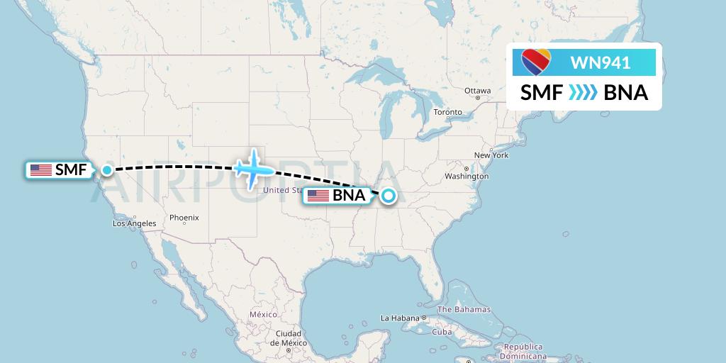 WN941 Southwest Airlines Flight Map: Sacramento to Nashville