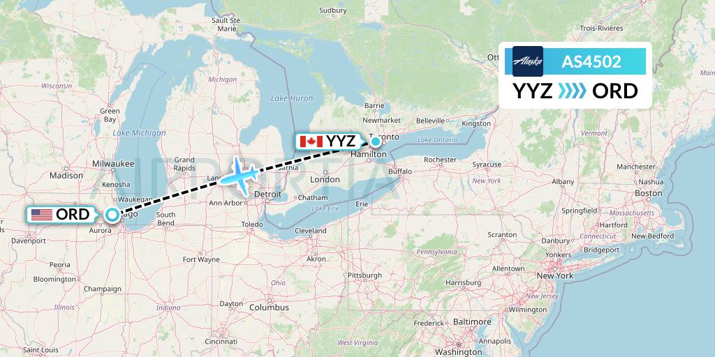 AS4502 Alaska Airlines Flight Map: Toronto to Chicago