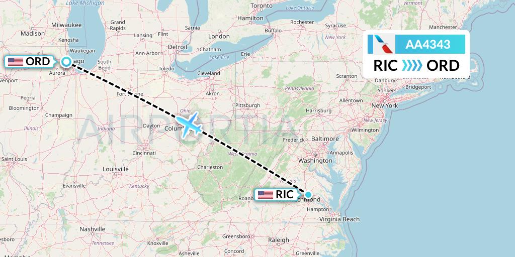 AA4343 American Airlines Flight Map: Richmond to Chicago