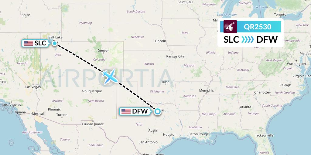 QR2530 Qatar Airways Flight Map: Salt Lake City to Dallas