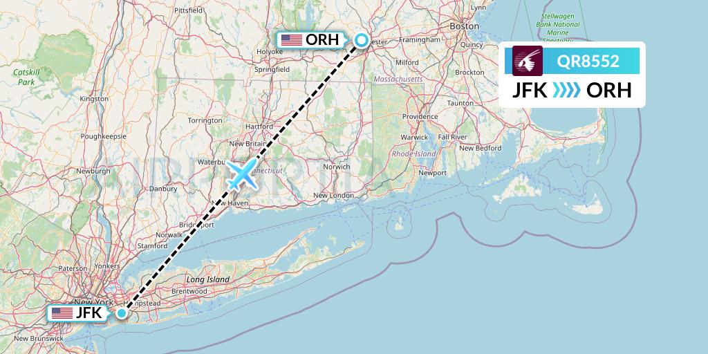 QR8552 Qatar Airways Flight Map: New York to Worcester