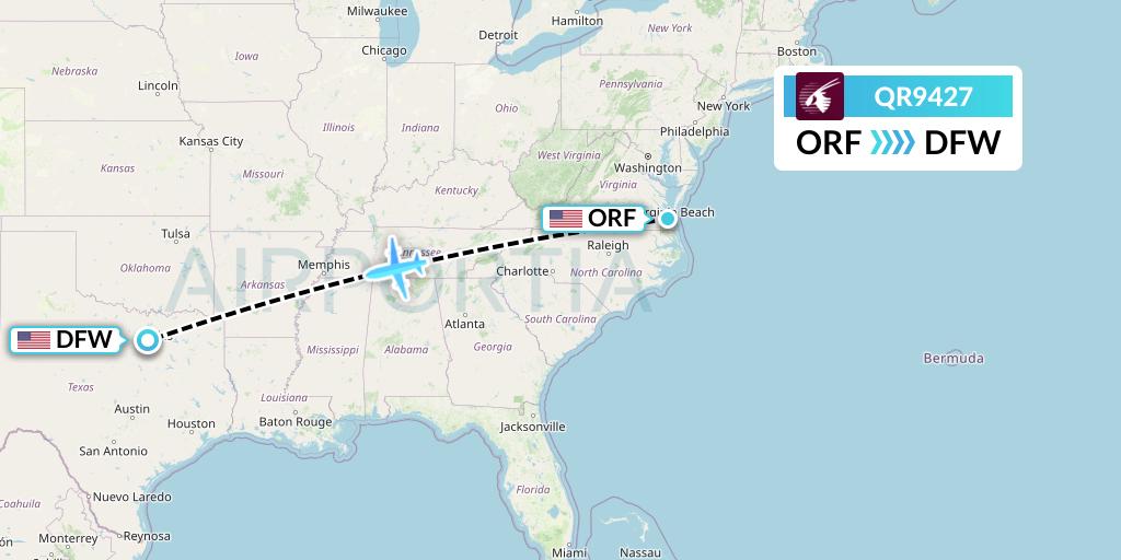 QR9427 Qatar Airways Flight Map: Norfolk to Dallas