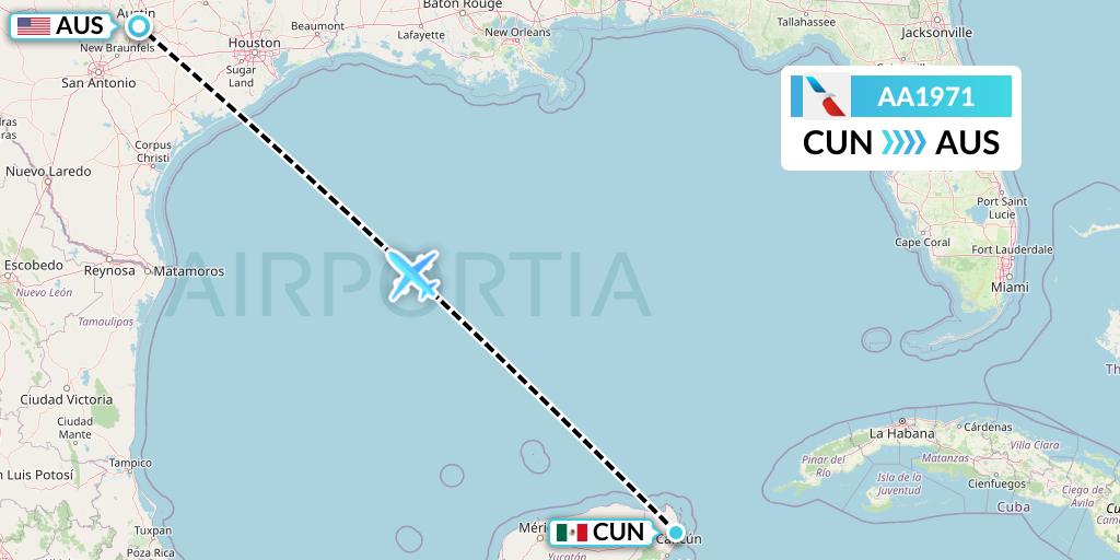 AA1971 American Airlines Flight Map: Cancun to Austin