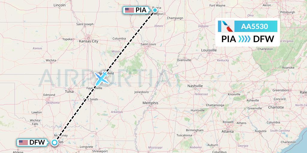 AA5530 American Airlines Flight Map: Peoria to Dallas