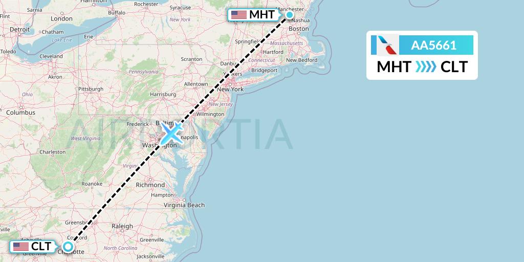 AA5661 American Airlines Flight Map: Manchester to Charlotte