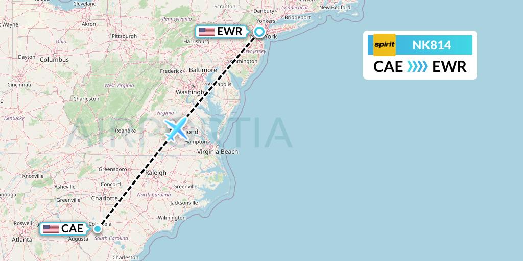 NK814 Spirit Airlines Flight Map: Columbia to New York