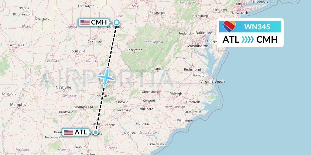 WN345 Southwest Airlines Flight Map: Atlanta to Columbus