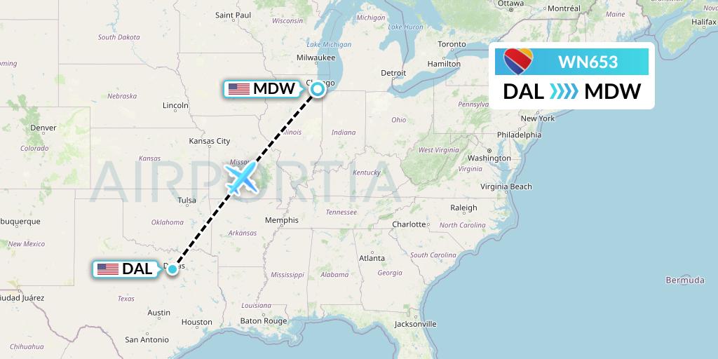 WN653 Southwest Airlines Flight Map: Dallas to Chicago