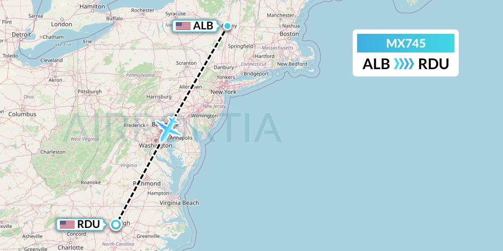 MX745 Breeze Airways Flight Map: Albany to Raleigh-Durham