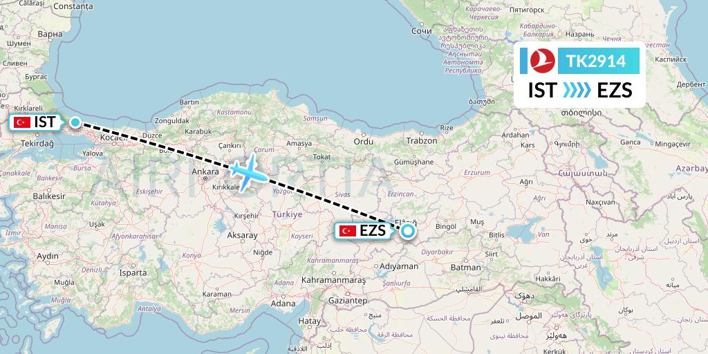 TK2914 Turkish Airlines Flight Map: Istanbul to Elazig
