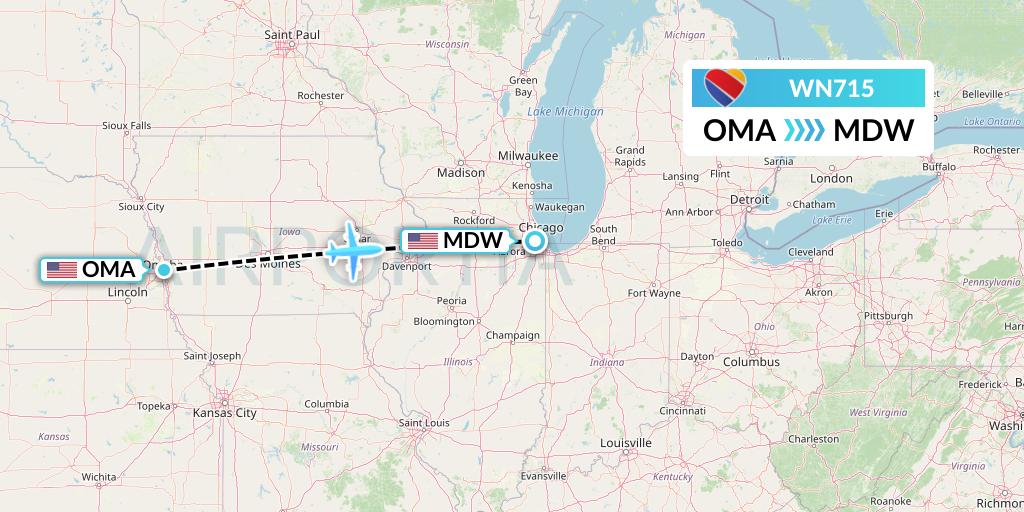 WN715 Southwest Airlines Flight Map: Omaha to Chicago
