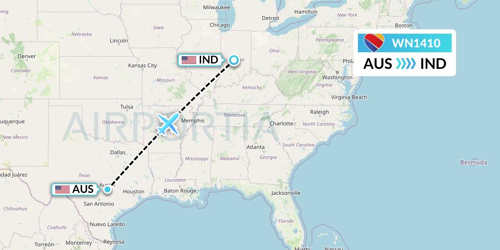 WN1410 Southwest Airlines Flight Map: Austin to Indianapolis